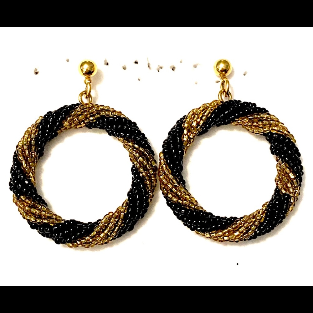 Vintage Gold Black Dangle Hoop Earrings beaded